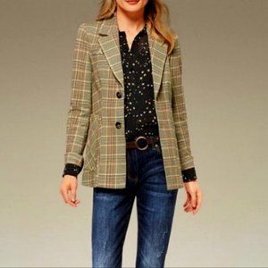 CAbi #3548 Plaid Pastime Blazer Jacket 2 Buttons Tan Brown Cream Yellow Size 6